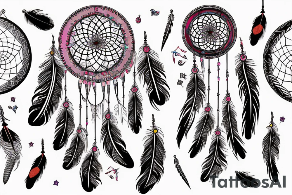 Traditional American inspired dreamcatcher design, with feathers, beads and feathers in a harmonious color scheme. tattoo idea