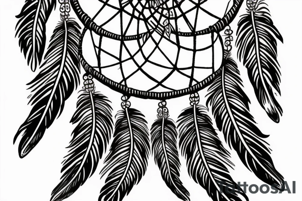 Traditional American inspired dreamcatcher design, with feathers, beads and feathers in a harmonious color scheme. tattoo idea