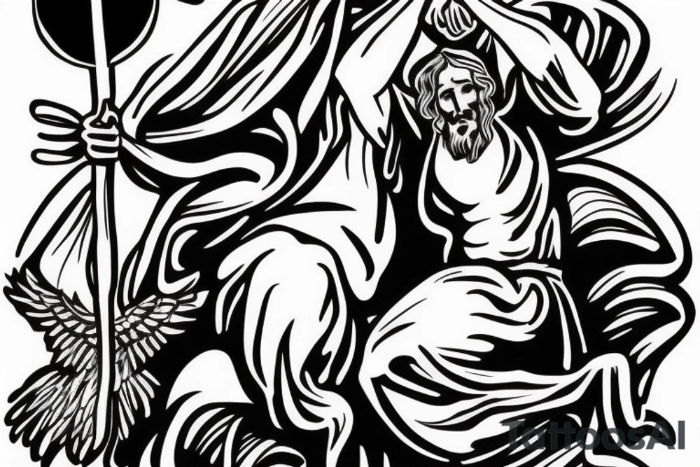 Jesus with arms out and two blank banners for names below image tattoo idea