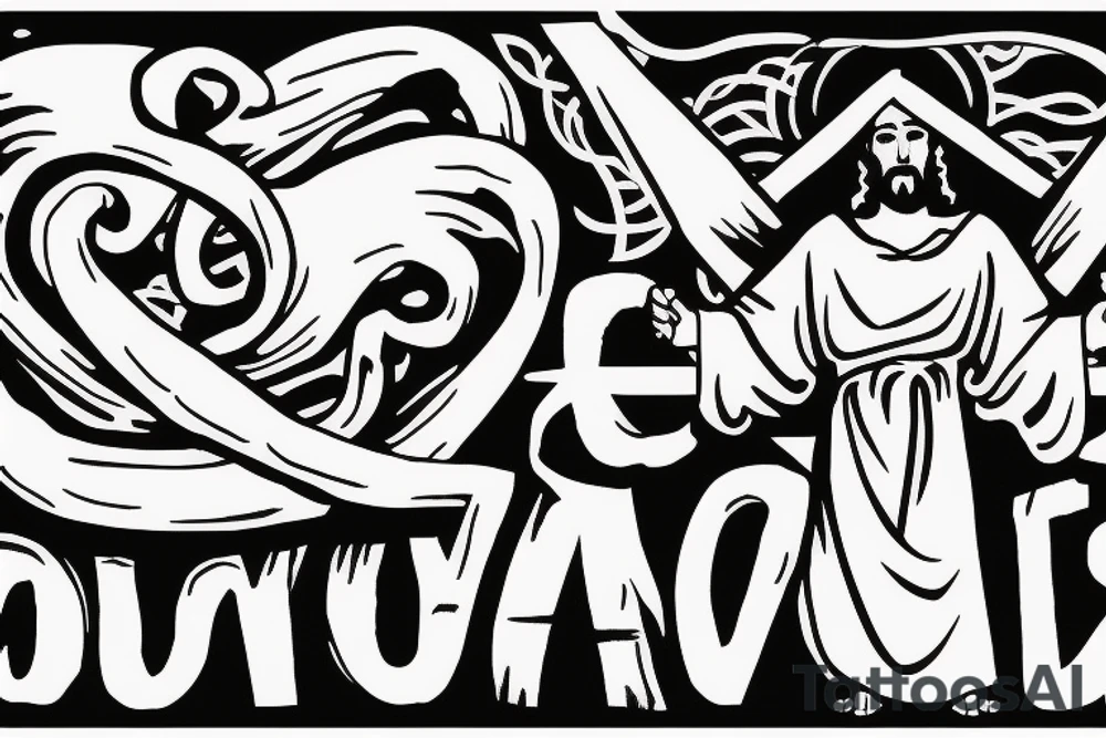 Jesus with arms out and two blank banners for names below image tattoo idea