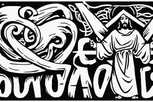 Jesus with arms out and two blank banners for names below image tattoo idea