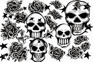 Bold skull stencil with American-inspired imagery like stars and crossbones, rendered in a traditional American tattoo style. tattoo idea