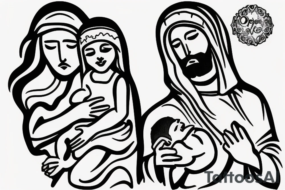 Jesus with open wide protecting an infant girl and a toddler girl tattoo idea
