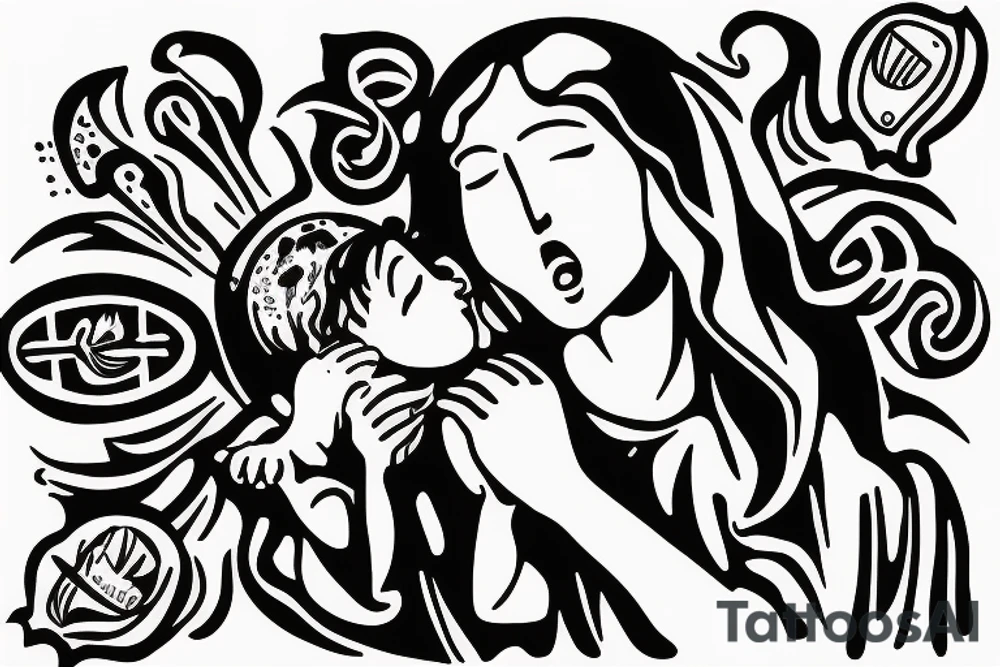 Jesus with open wide protecting an infant girl and a toddler girl tattoo idea