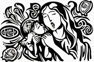 Jesus with open wide protecting an infant girl and a toddler girl tattoo idea