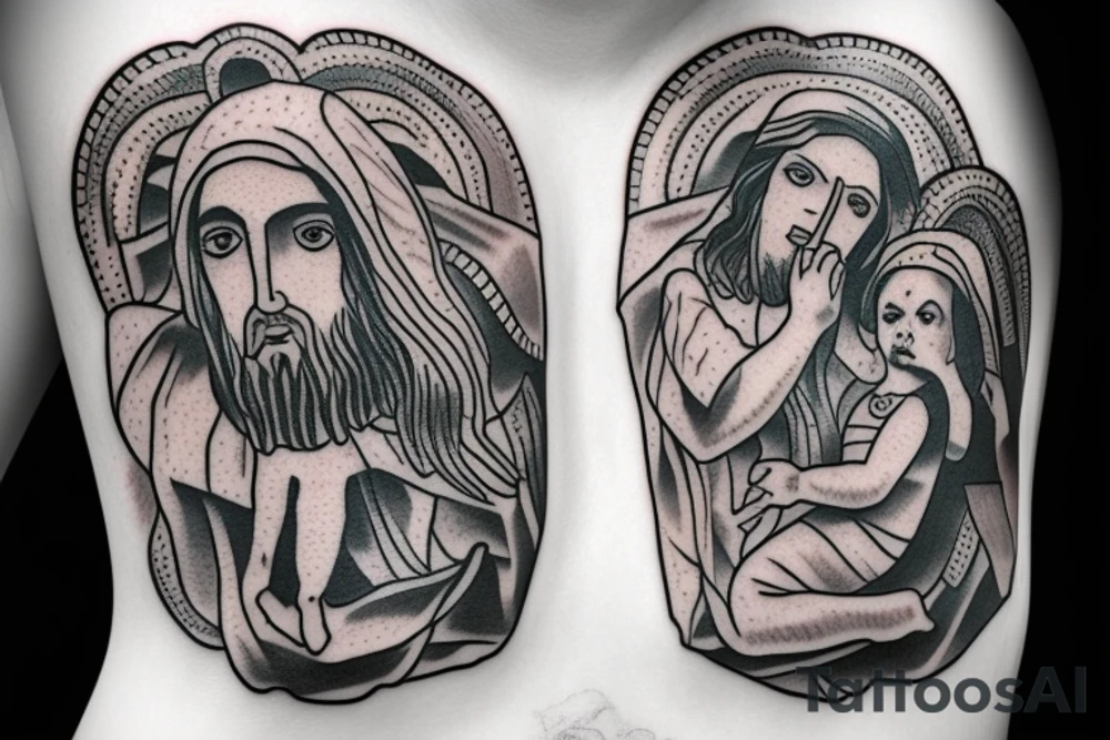 Jesus with open wide protecting an infant girl and a toddler girl tattoo idea