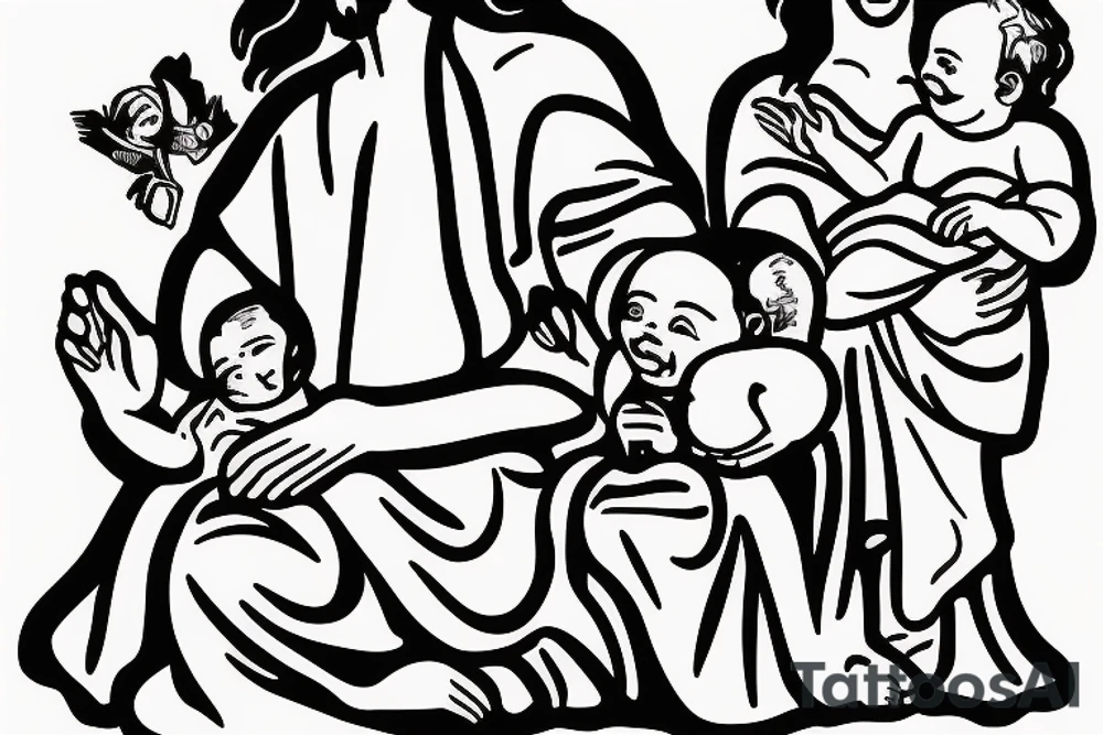 Jesus with open wide protecting an infant girl and a toddler girl tattoo idea
