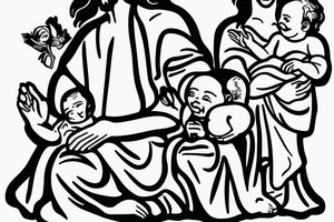 Jesus with open wide protecting an infant girl and a toddler girl tattoo idea