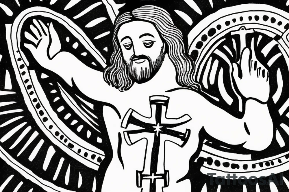 Jesus standing Infront of cross with his arms open welcoming an embrace tattoo idea