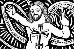 Jesus standing Infront of cross with his arms open welcoming an embrace tattoo idea