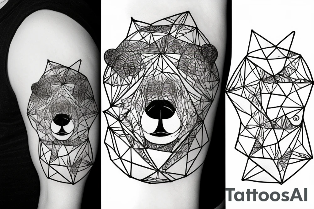 Polar bear face surrounded by angular geometry with cosmic elements tattoo idea