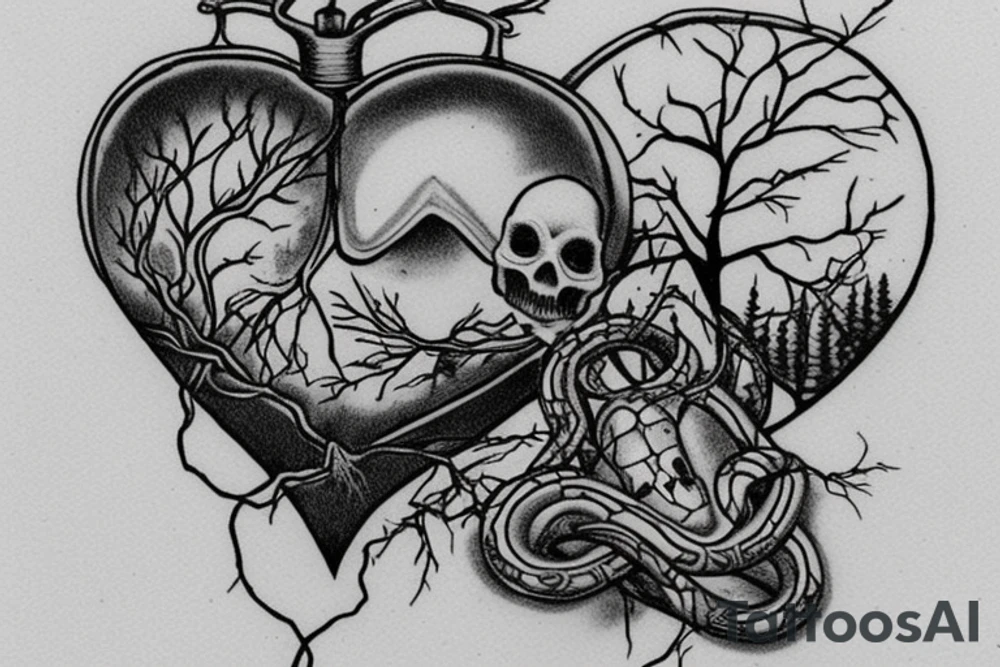 Cat skull floating in a heart shape vial of ether, with a pine tree as the cork and two intertwining snakes as the bark of the pine tree. tattoo idea