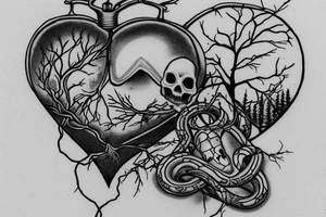 Cat skull floating in a heart shape vial of ether, with a pine tree as the cork and two intertwining snakes as the bark of the pine tree. tattoo idea