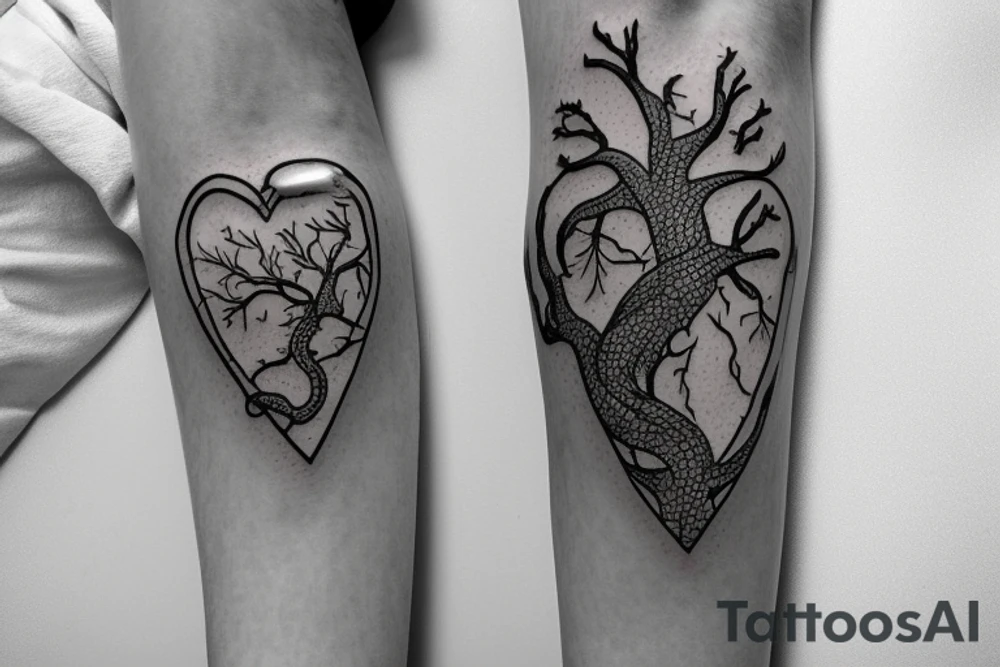 Cat head floating in a vial of ether shaped like an anatomical heart. With a pine tree as the cork and two intertwining snakes as the bark of the pine tree. tattoo idea