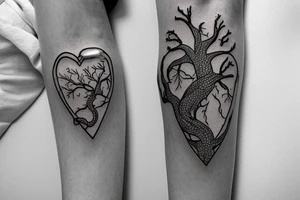 Cat head floating in a vial of ether shaped like an anatomical heart. With a pine tree as the cork and two intertwining snakes as the bark of the pine tree. tattoo idea