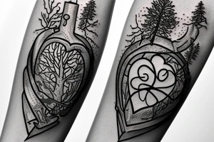 Cat head floating in a vial of ether shaped like an anatomical heart. With a pine tree as the cork and two intertwining snakes as the bark of the pine tree. tattoo idea