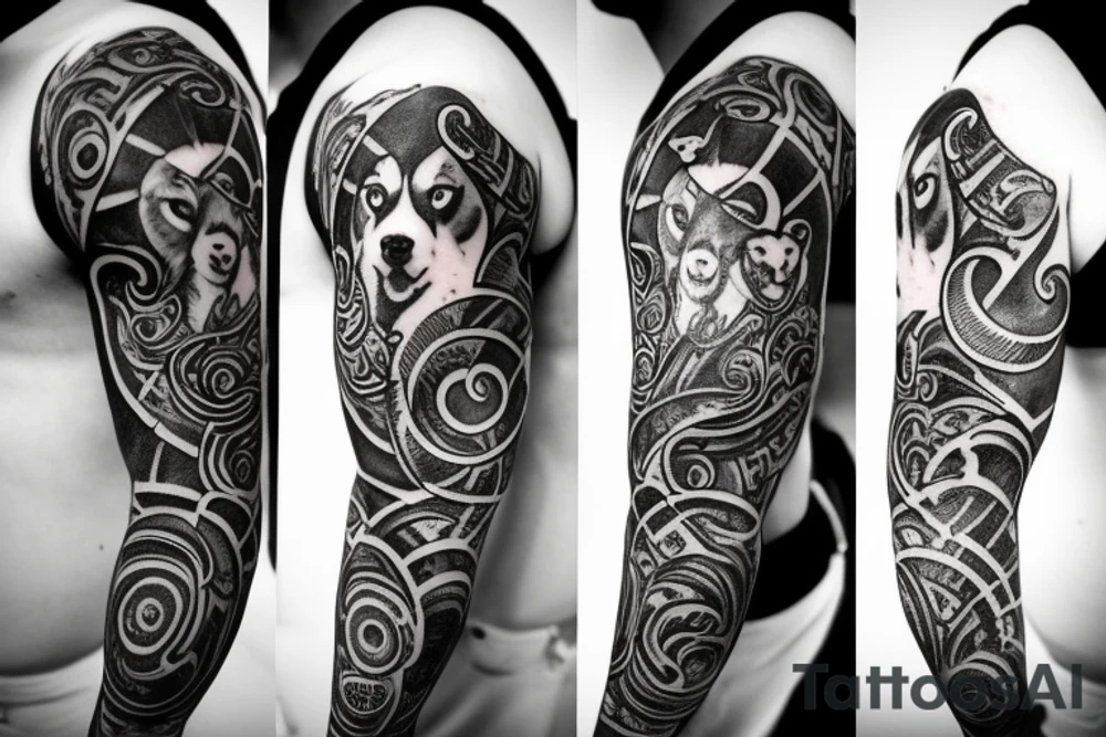 Husky, Black and White, Blue eyes, Moon above the head, thunderstorm tattoo idea