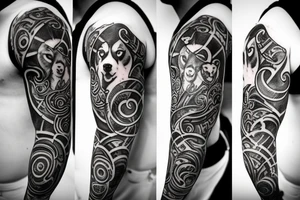 Husky, Black and White, Blue eyes, Moon above the head, thunderstorm tattoo idea