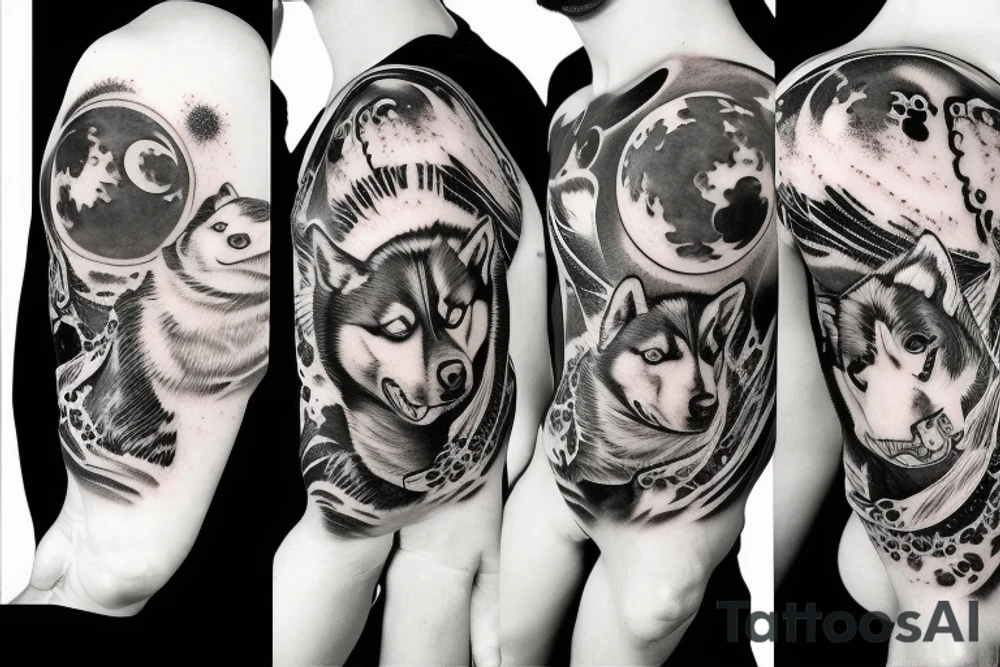 Husky, Black and White, Blue eyes, Moon above the head, thunderstorm tattoo idea