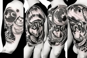 Husky, Black and White, Blue eyes, Moon above the head, thunderstorm tattoo idea