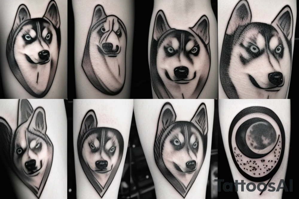 Husky, Black and White, Blue eyes, Moon above the head, thunderstorm tattoo idea