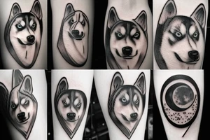 Husky, Black and White, Blue eyes, Moon above the head, thunderstorm tattoo idea