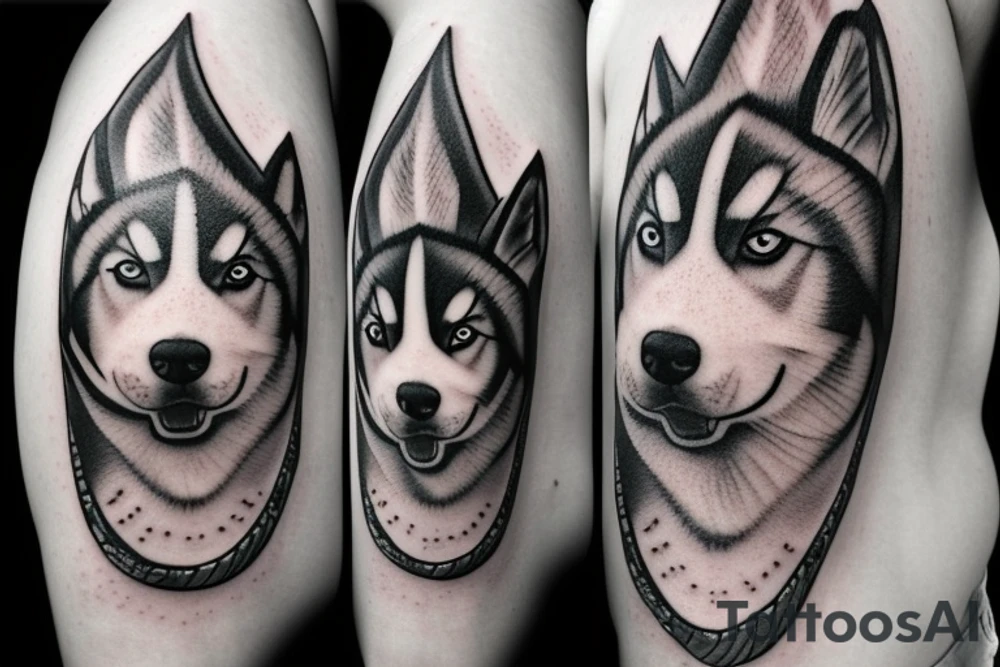 Husky, Black and White, Blue eyes, Moon above the head, thunderstorm tattoo idea