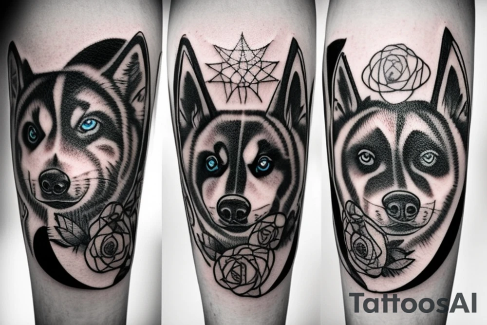 Husky, Black and White, Blue eyes, Moon above the head, thunderstorm tattoo idea