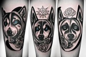 Husky, Black and White, Blue eyes, Moon above the head, thunderstorm tattoo idea