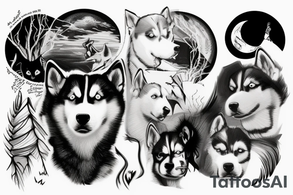 Husky, Black and White, Blue eyes, Moon above the head, thunderstorm and trees in the background tattoo idea