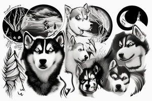 Husky, Black and White, Blue eyes, Moon above the head, thunderstorm and trees in the background tattoo idea