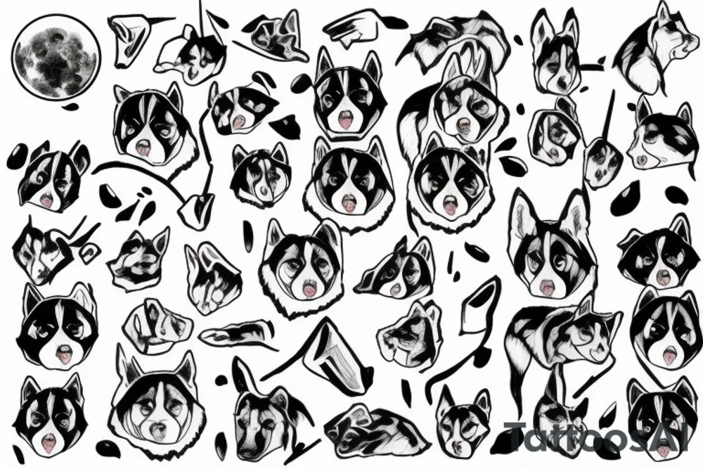 Husky, Black and White, Blue eyes, Moon above the head, thunderstorm and trees in the background tattoo idea