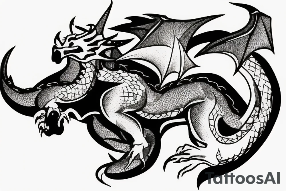 mountain with a dragon on top with a bull underneath tattoo idea