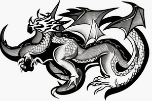 mountain with a dragon on top with a bull underneath tattoo idea