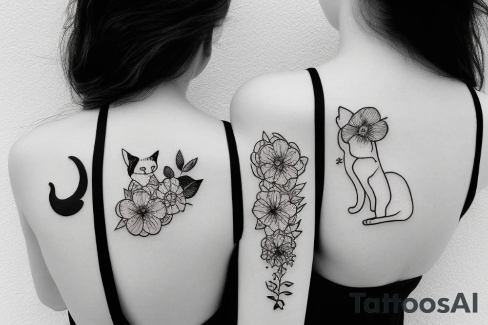 Two cat hugging a girl with flowers tattoo idea