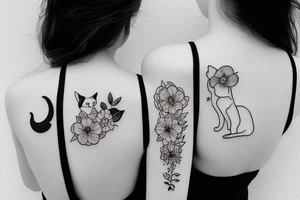 Two cat hugging a girl with flowers tattoo idea
