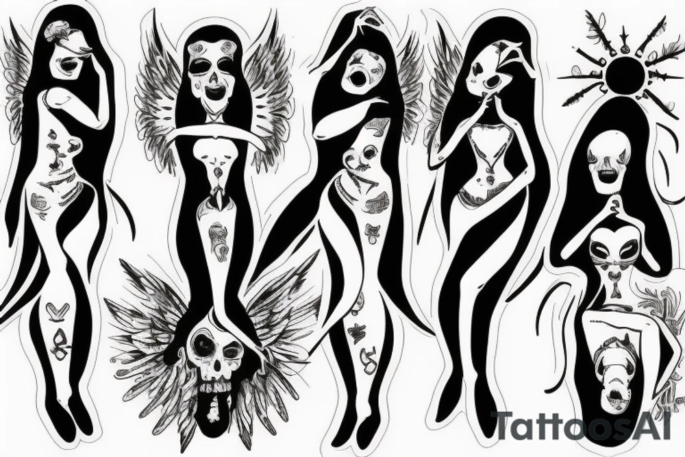 3 Angels dancing around a dead devil tattoo idea