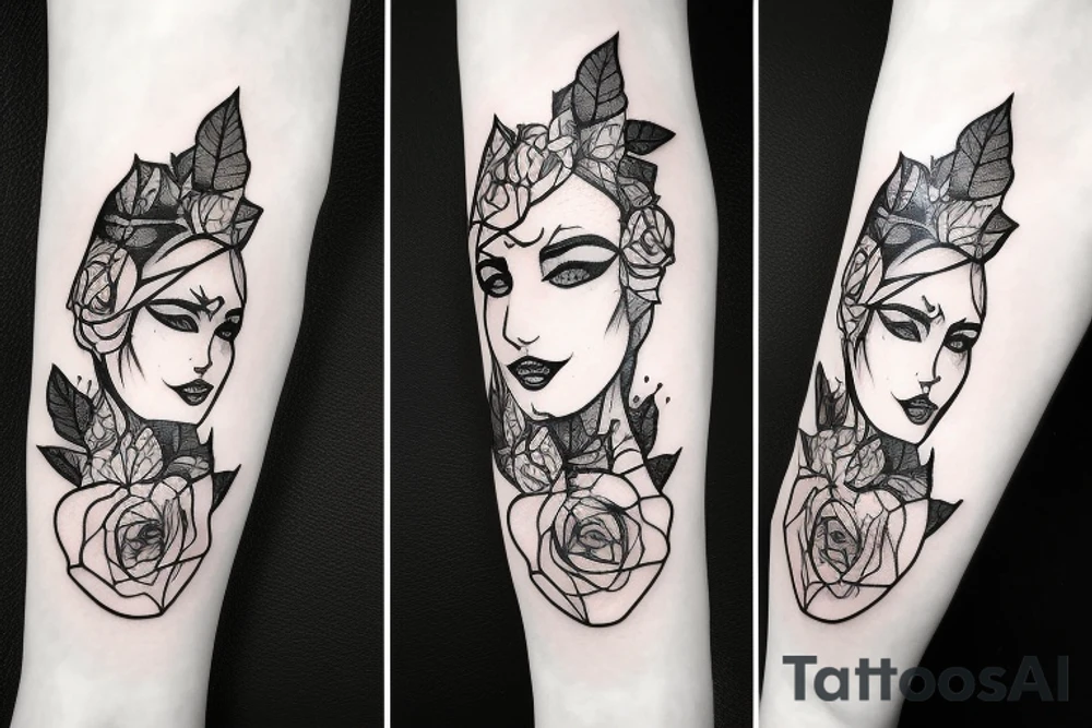 4 roses on stem with leaves with Druid woman warriors face tattoo idea