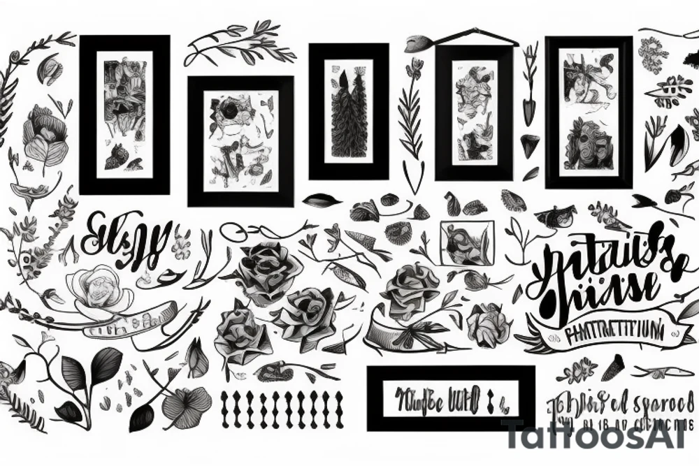 Picture frame with interpretation of life in a picture, lots of details, include nature, family, work, happiness and sorrow tattoo idea
