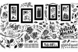 Picture frame with interpretation of life in a picture, lots of details, include nature, family, work, happiness and sorrow tattoo idea