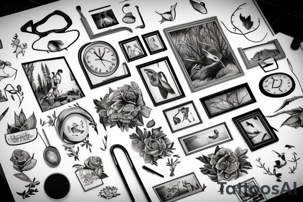 Picture frame with interpretation of life in a picture, lots of details, include nature, family, work, happiness and sorrow tattoo idea