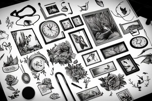 Picture frame with interpretation of life in a picture, lots of details, include nature, family, work, happiness and sorrow tattoo idea