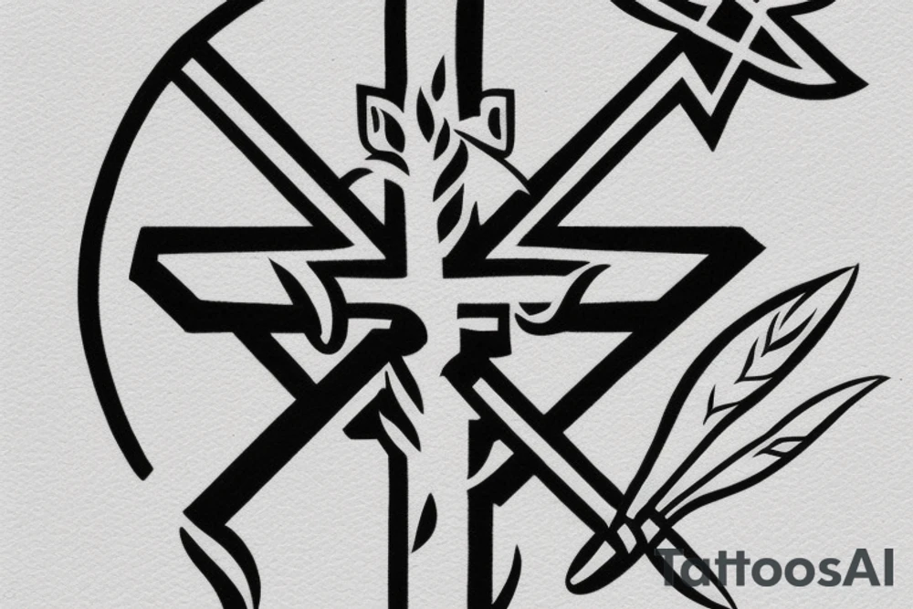 Jerusalem cross flanked by olive branches and two arrows underneath tattoo idea