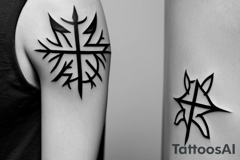 Jerusalem cross flanked by olive branches and two arrows underneath tattoo idea