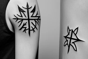 Jerusalem cross flanked by olive branches and two arrows underneath tattoo idea