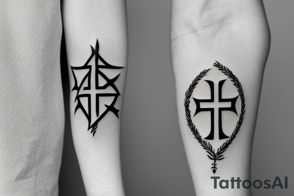 Jerusalem cross flanked by olive branches and two arrows underneath tattoo idea