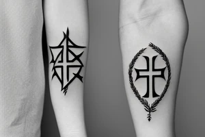 Jerusalem cross flanked by olive branches and two arrows underneath tattoo idea