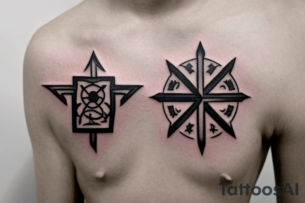 Jerusalem cross flanked by olive branches and two arrows underneath tattoo idea