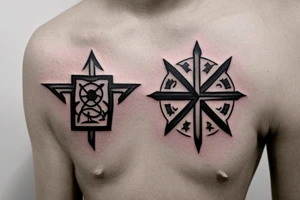 Jerusalem cross flanked by olive branches and two arrows underneath tattoo idea