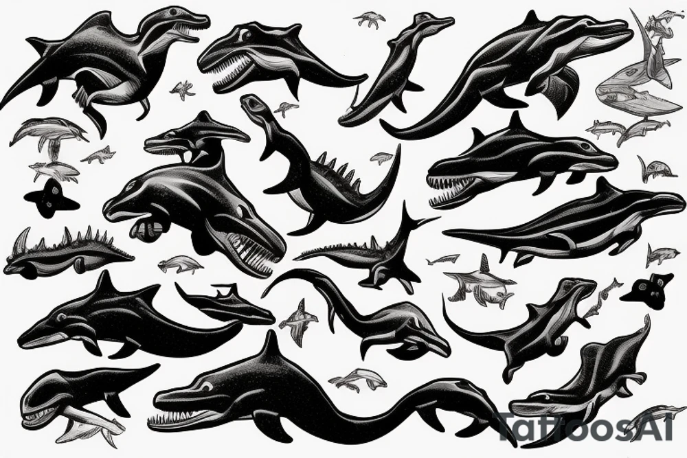 dinosaur holding AK-47 swimming on a dolphin tattoo idea